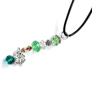One of a kind handmade necklace pendant green Glass Crystals 4 leaf clover charm